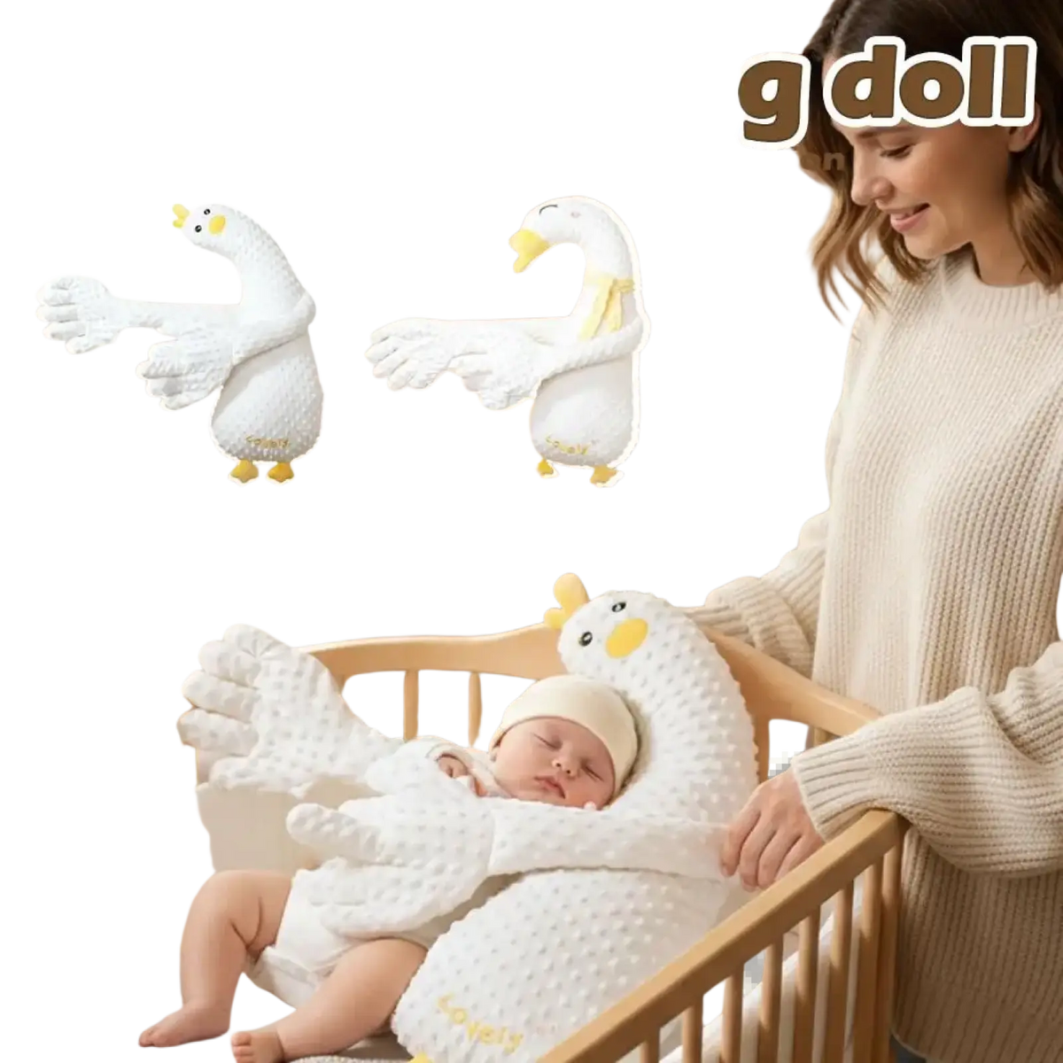 White plush goose-shaped baby sleep aid soothing hand doll with soft textured fabric and yellow beak and feet