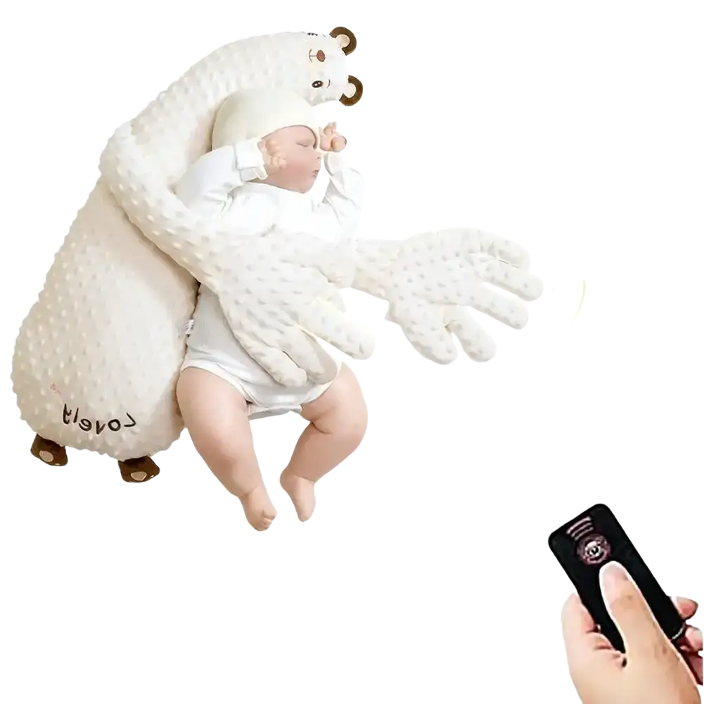 White plush polar bear-shaped baby sleep aid hand doll with textured surface and brown embroidered details