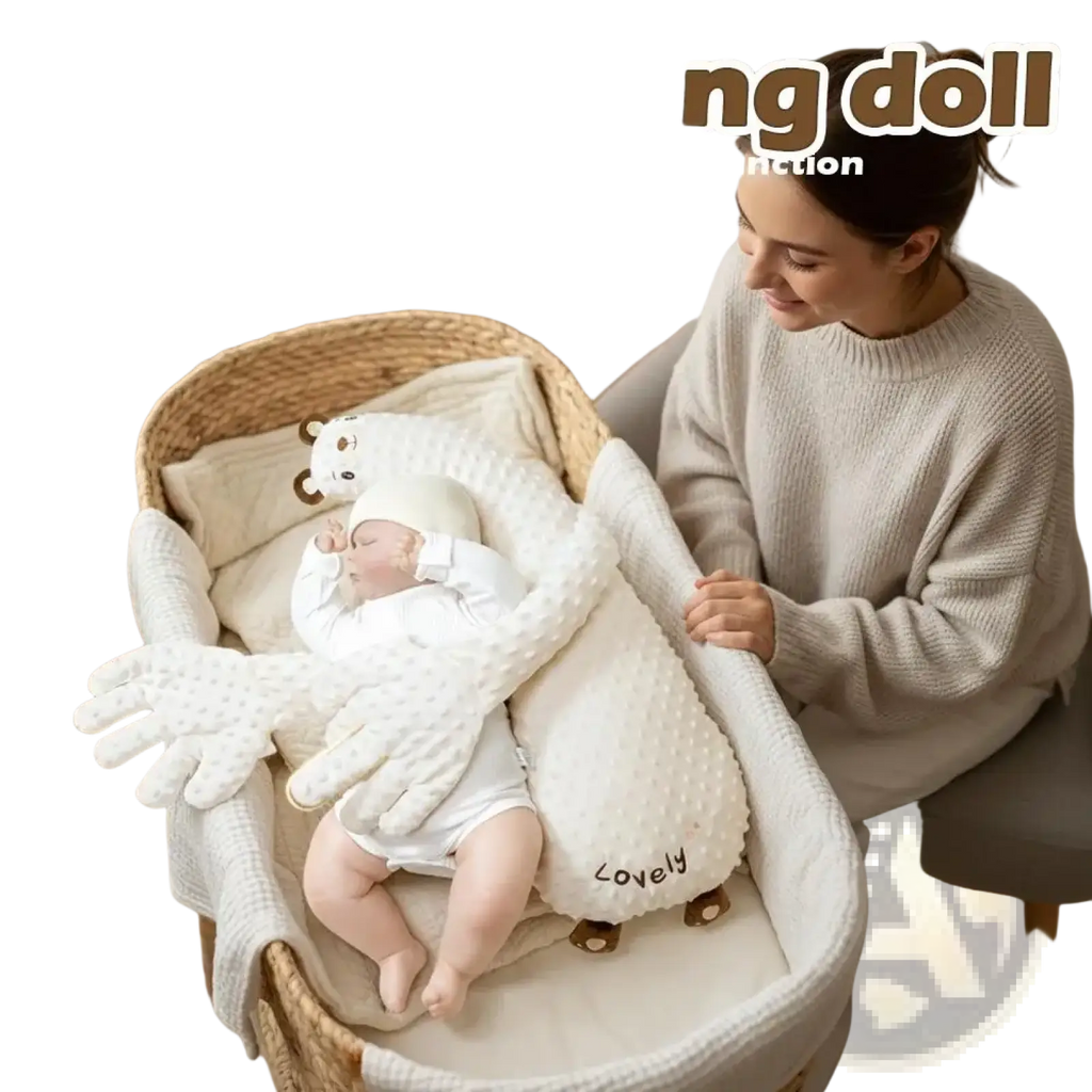 White plush baby sleep aid soothing hand doll with soft textured surface and embroidered lovely on its side