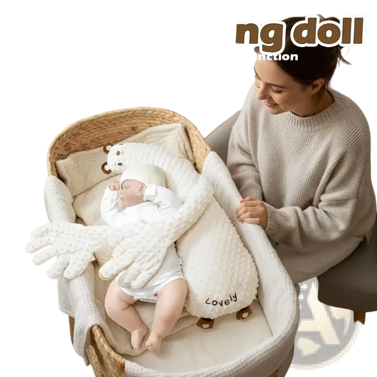 White plush baby sleep aid soothing hand doll with soft textured surface and embroidered lovely on its side