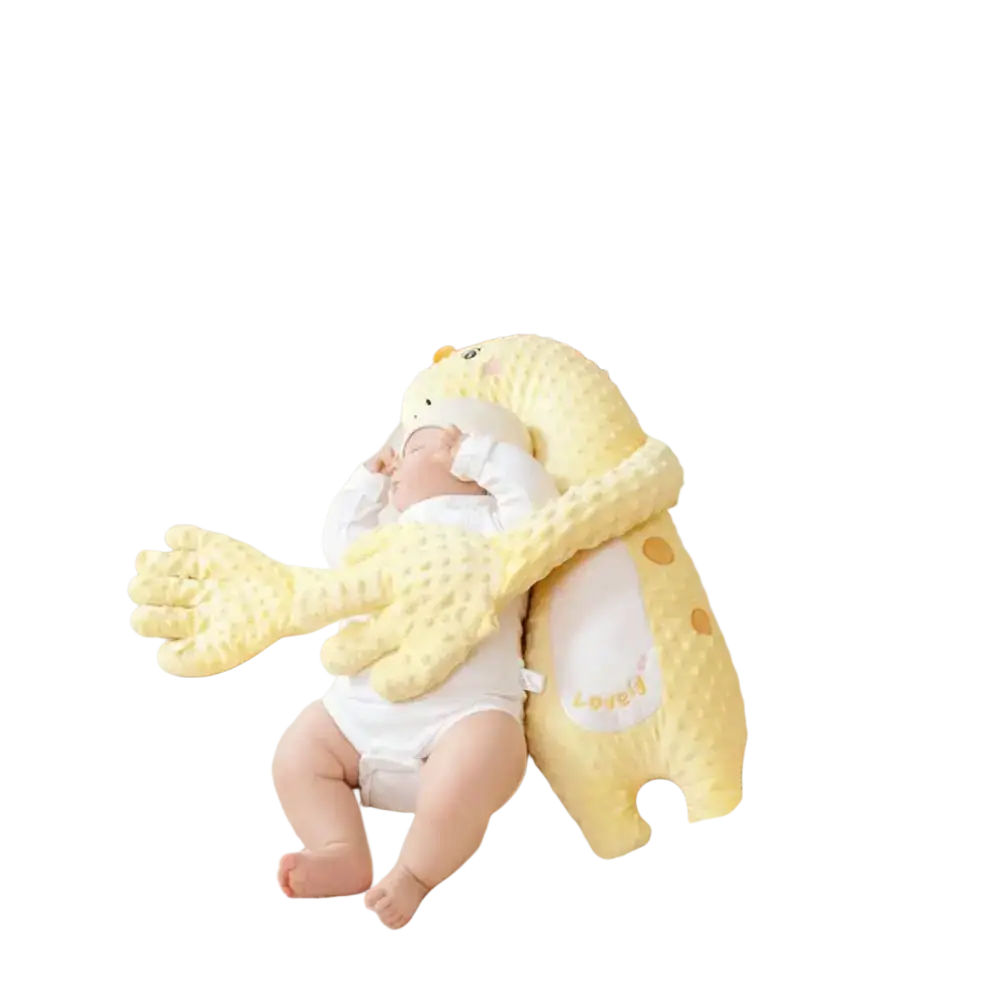 Yellow giraffe-shaped baby sleep aid soothing hand doll with soft textured fabric and brown spot patterns