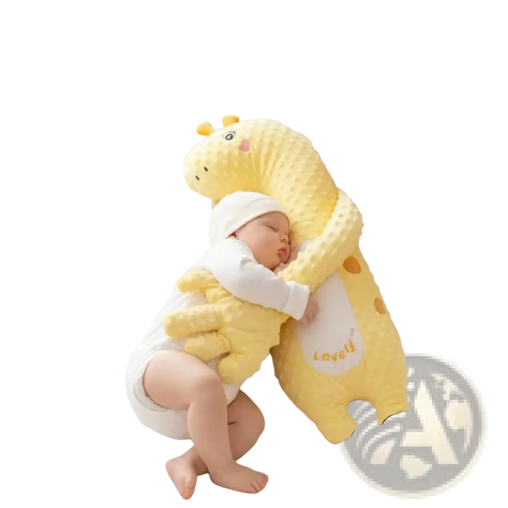 Yellow plush giraffe-shaped baby sleep aid soothing hand doll made of soft textured fabric with embroidered details