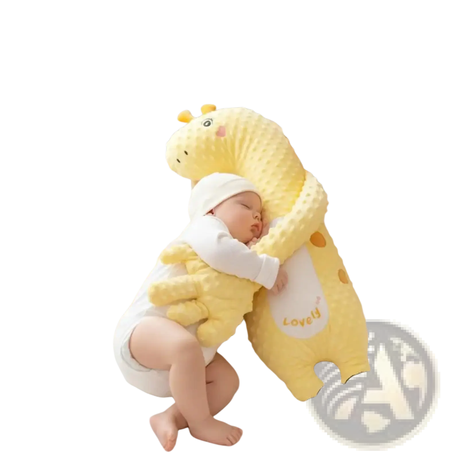 Yellow plush giraffe-shaped baby sleep aid soothing hand doll made of soft textured fabric with embroidered details