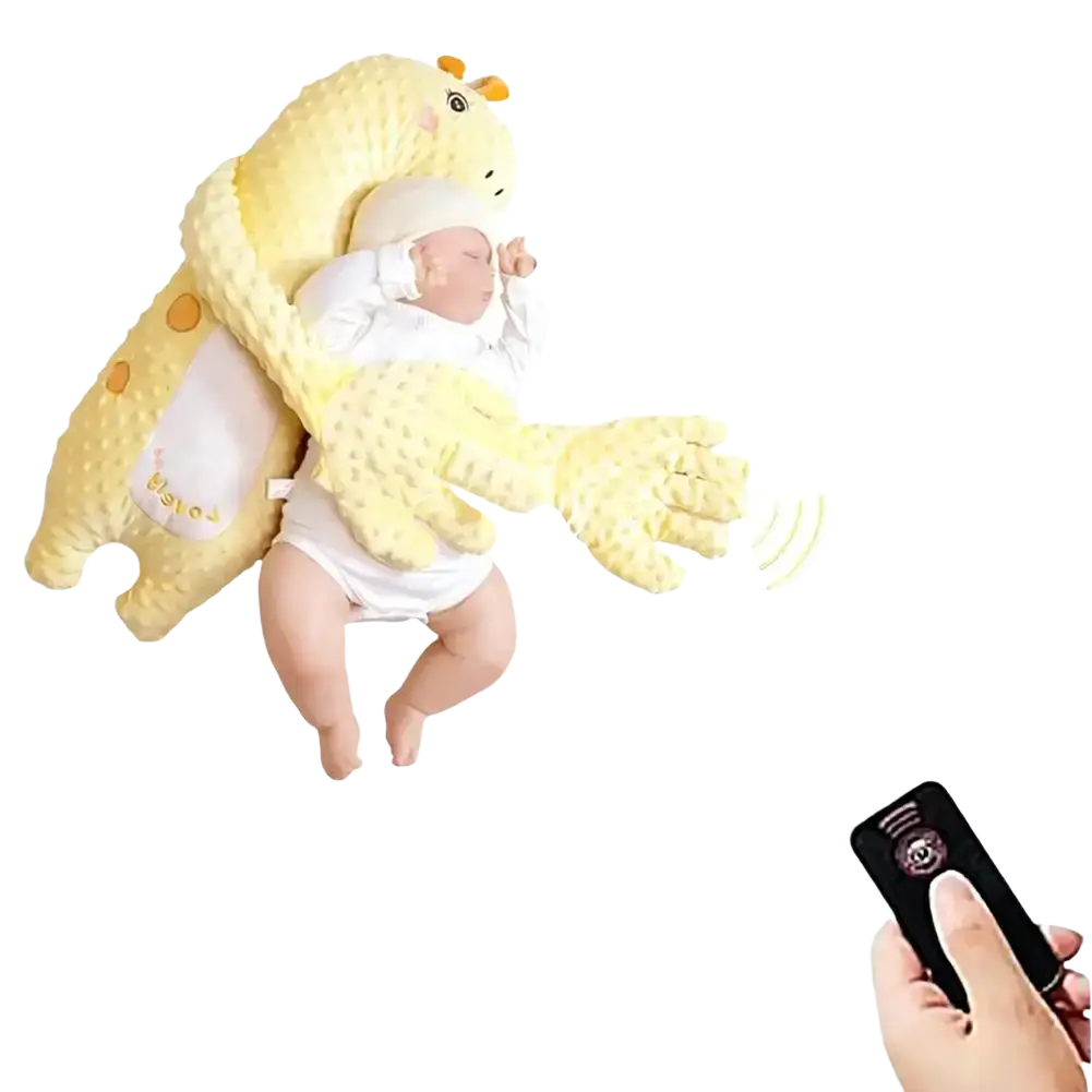 Yellow textured dinosaur-shaped baby sleep aid hand doll with orange spots and embroidered eyes for soothing infants