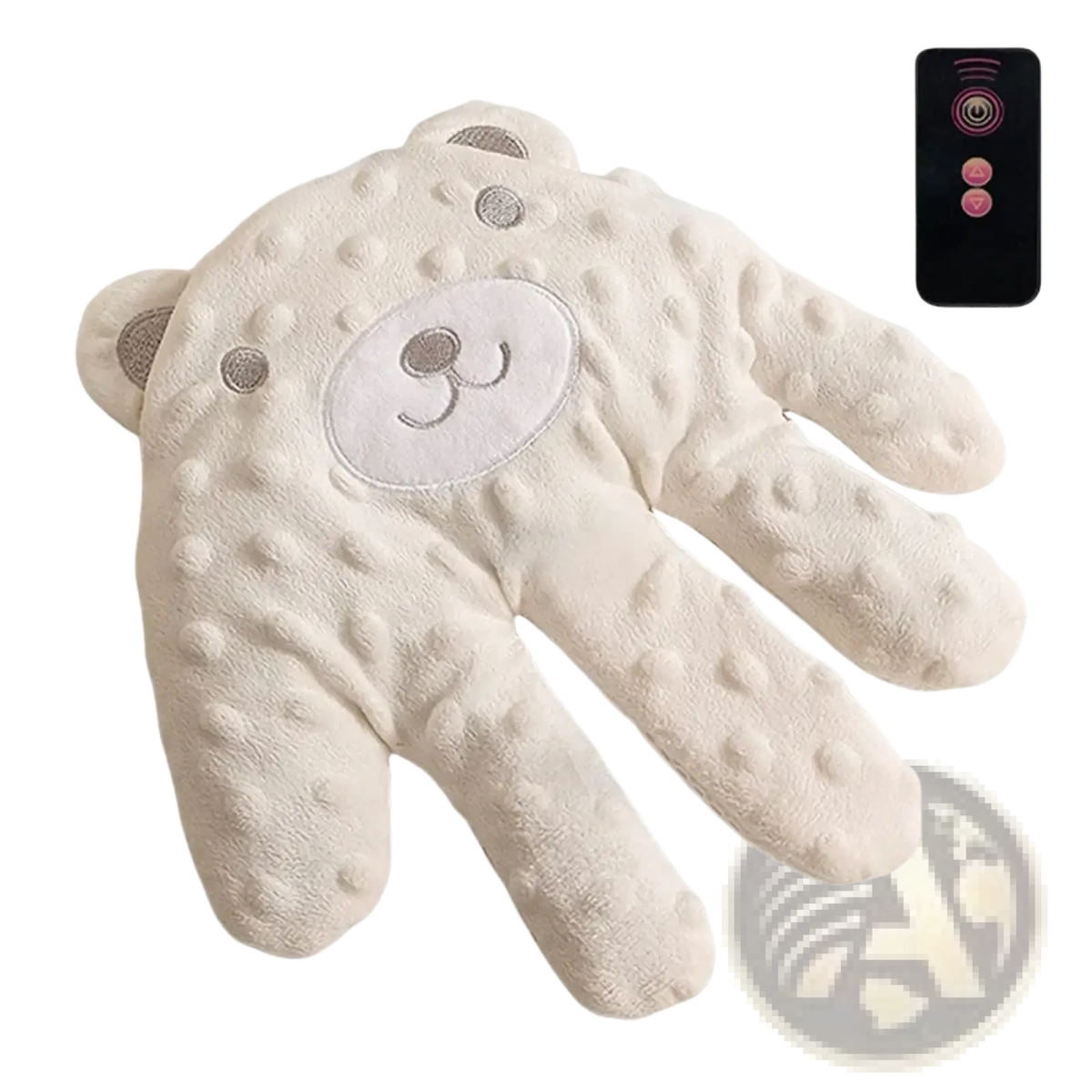 Cream-colored plush bear-shaped hand warmer with textured surface and embroidered face for baby sleep aid soothing palm pillow