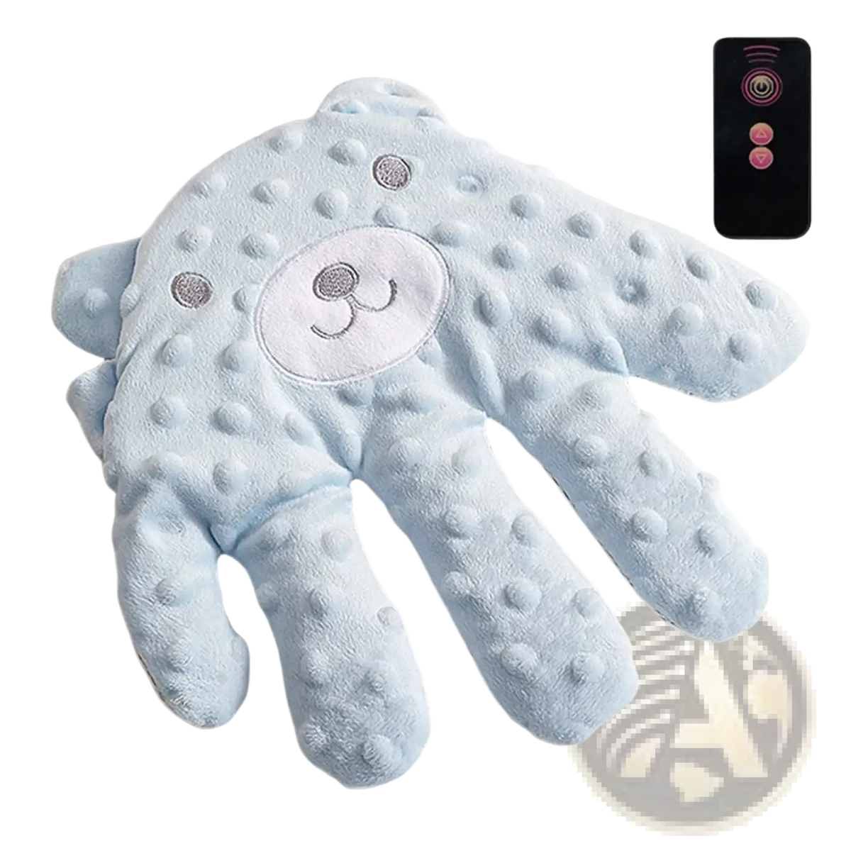 Light blue plush bear-shaped hand warmer with textured bumps and embroidered face for baby sleep aid soothing palm pillow