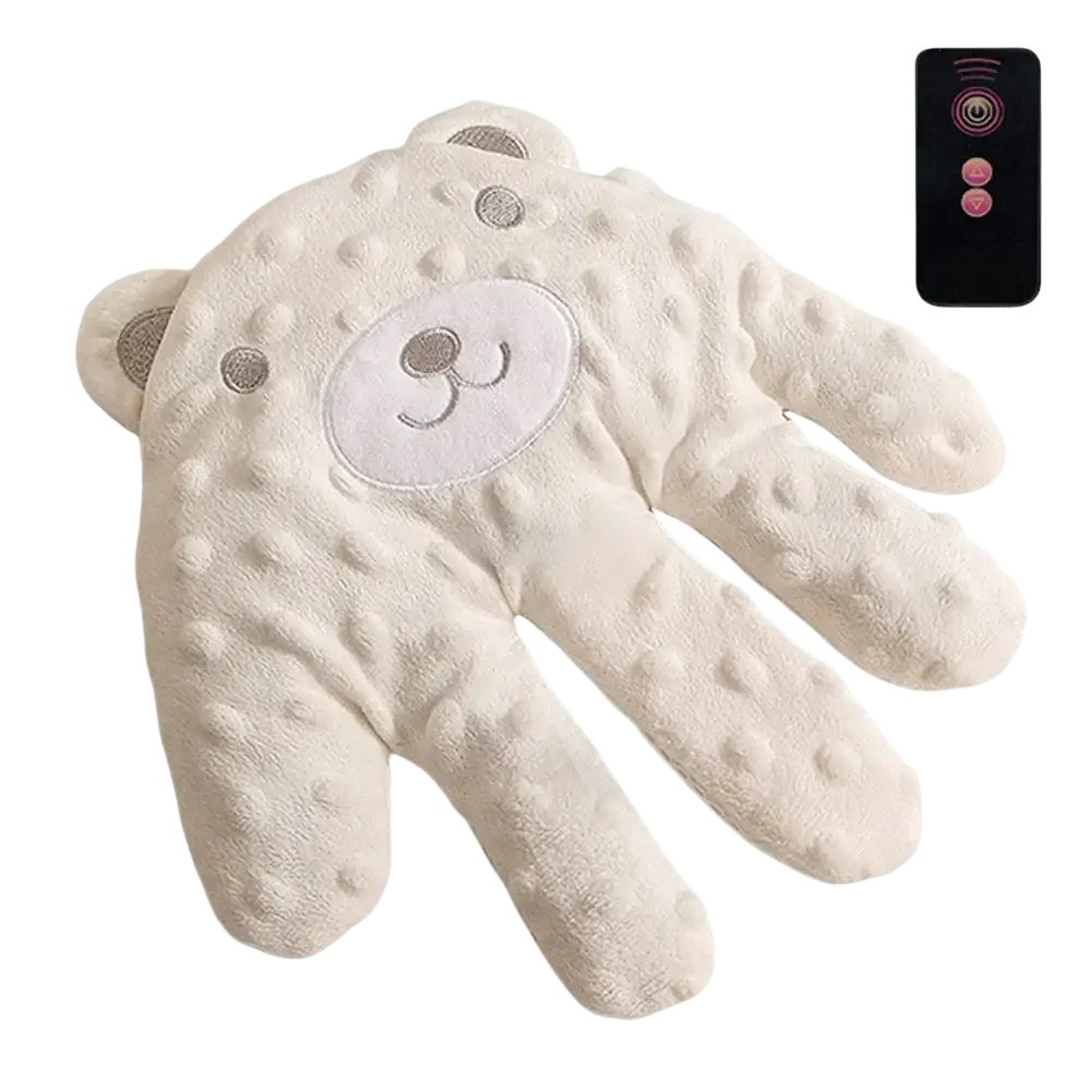 Cream-colored plush bear-shaped hand warmer with textured surface and embroidered face for baby sleep aid soothing palm pillow