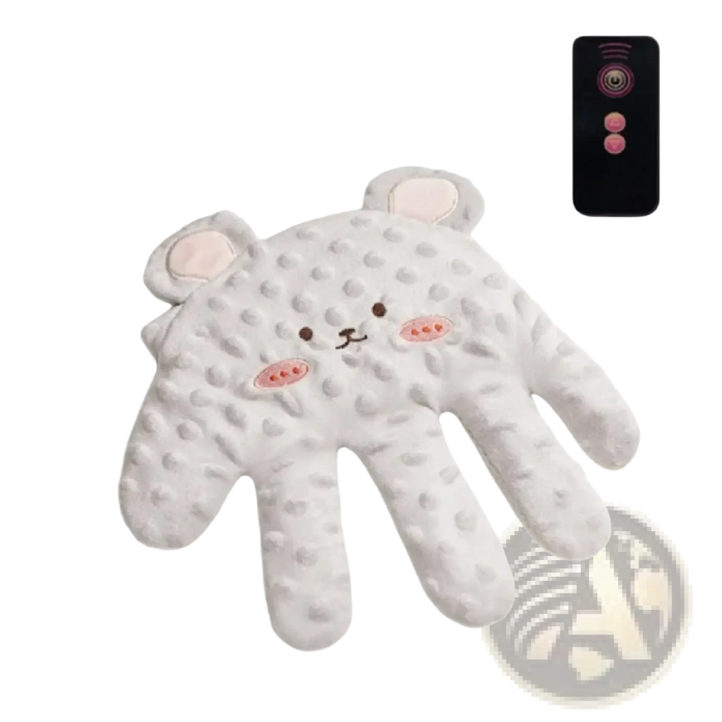 White plush bear-shaped hand warmer with embroidered face and textured surface for baby sleep aid soothing palm pillow