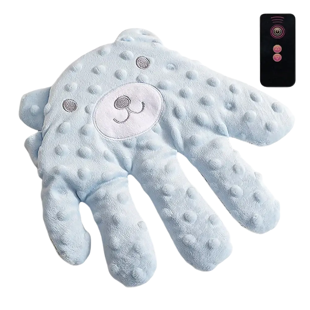 Light blue plush bear-shaped hand warmer with textured bumps and embroidered face for baby sleep aid soothing palm pillow