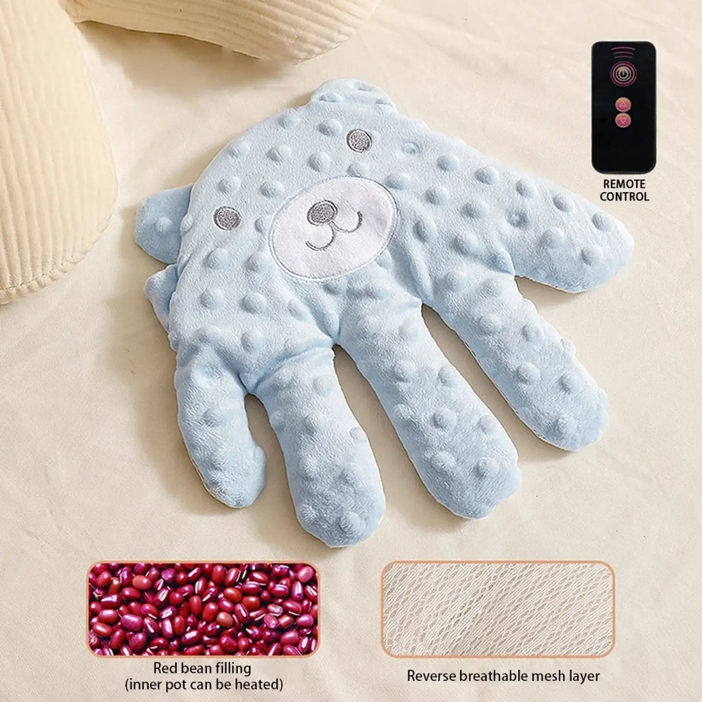 Light blue plush bear-shaped heated hand mitt with embroidered face and dotted texture for baby sleep aid soothing palm pillow