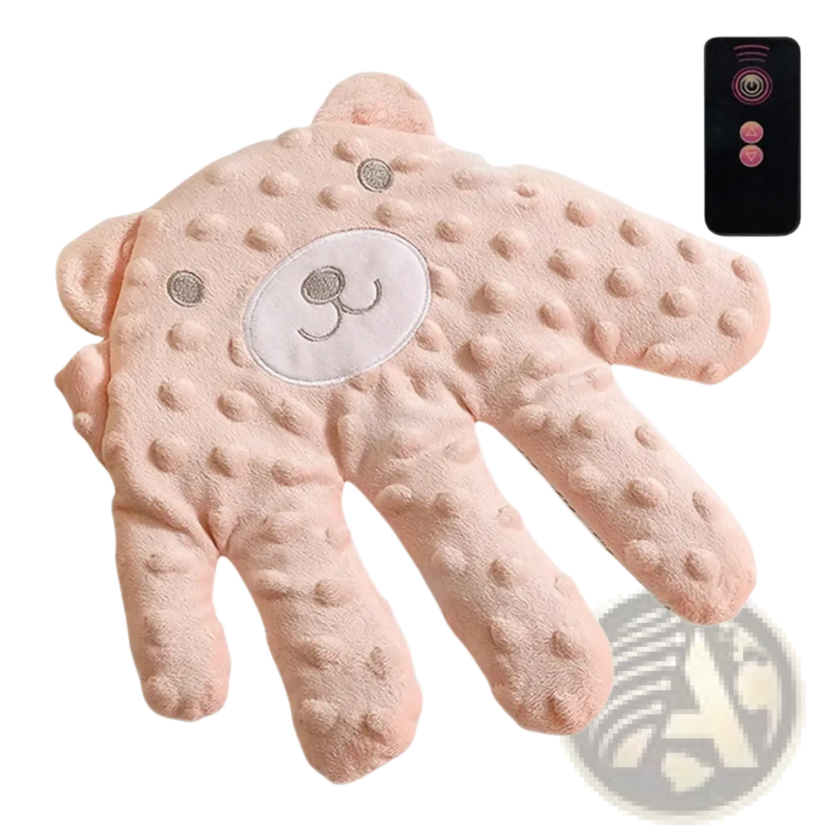 Pink plush bear-shaped hand warmer with textured surface and embroidered face for baby sleep aid soothing palm pillow
