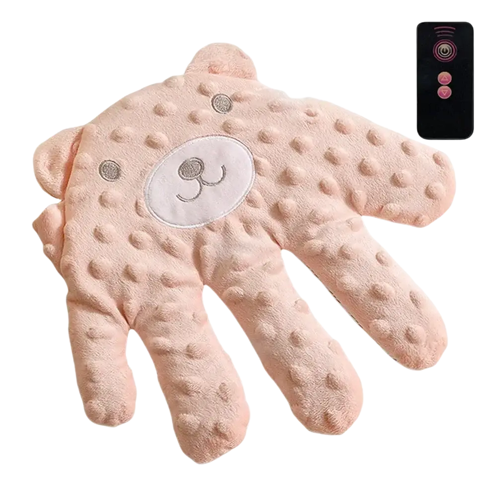 Pink plush bear-shaped hand warmer with textured surface and embroidered face for baby sleep aid soothing palm pillow