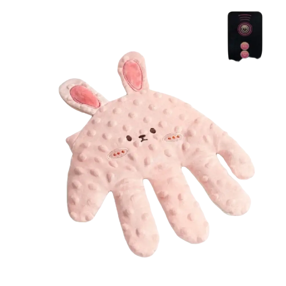 Pink plush bunny-shaped hand warmer with textured dotted surface and embroidered face for baby sleep aid palm pillow