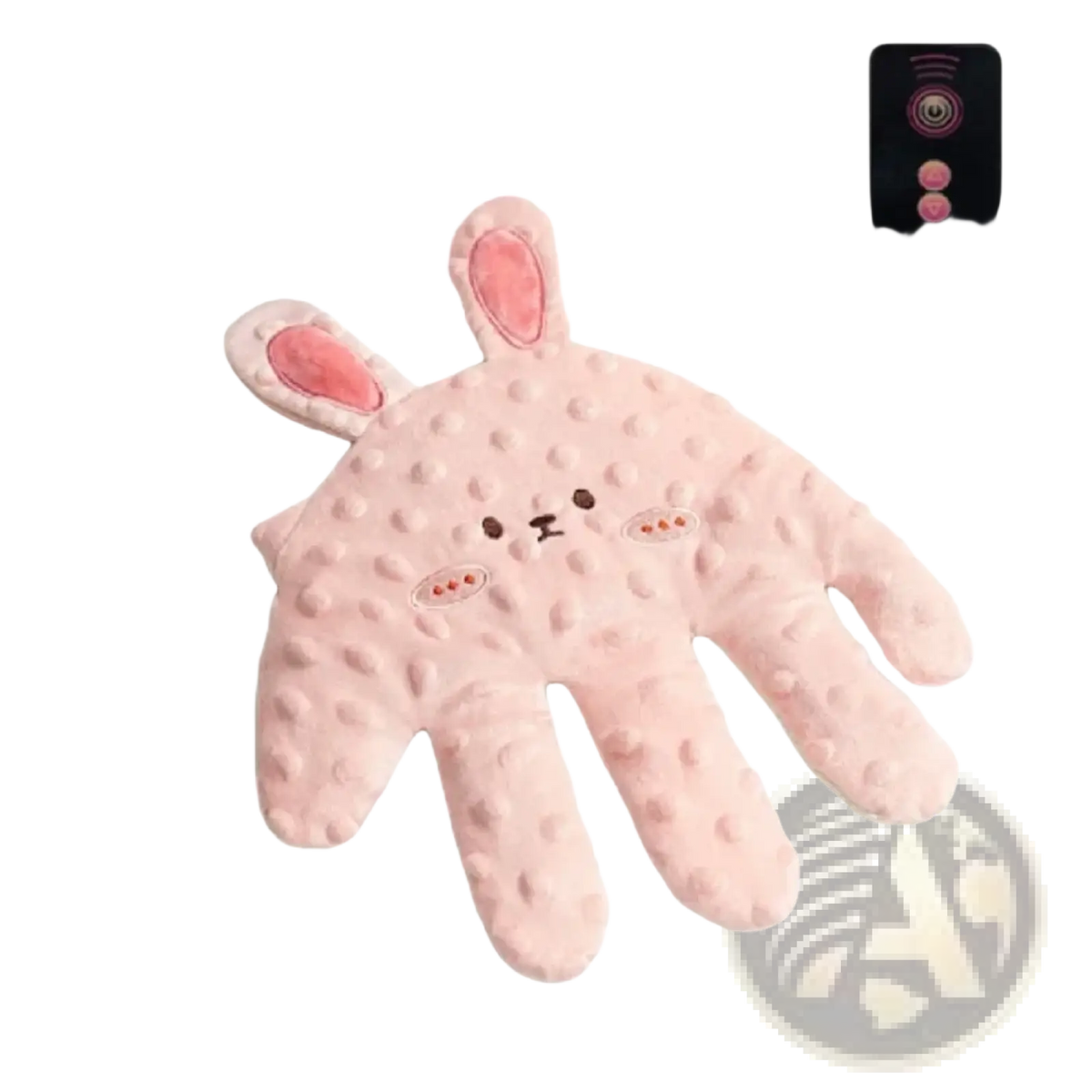 Pink plush bunny-shaped hand warmer with textured dotted surface and embroidered face for baby sleep aid palm pillow