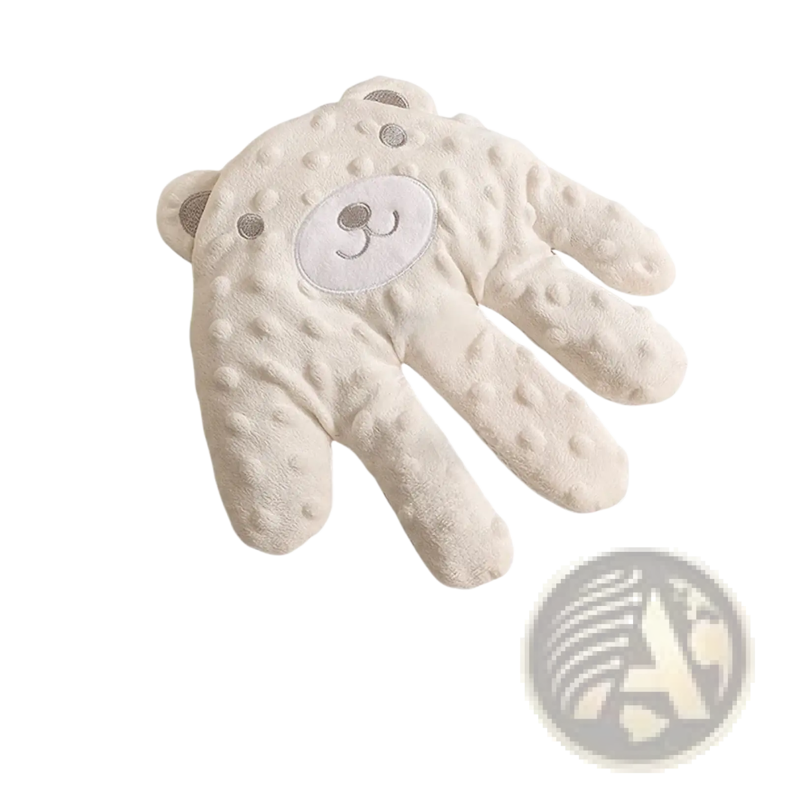Soft cream-colored plush baby mittens with textured bumpy surface and embroidered bear face for baby sleep aid soothing palm pillow