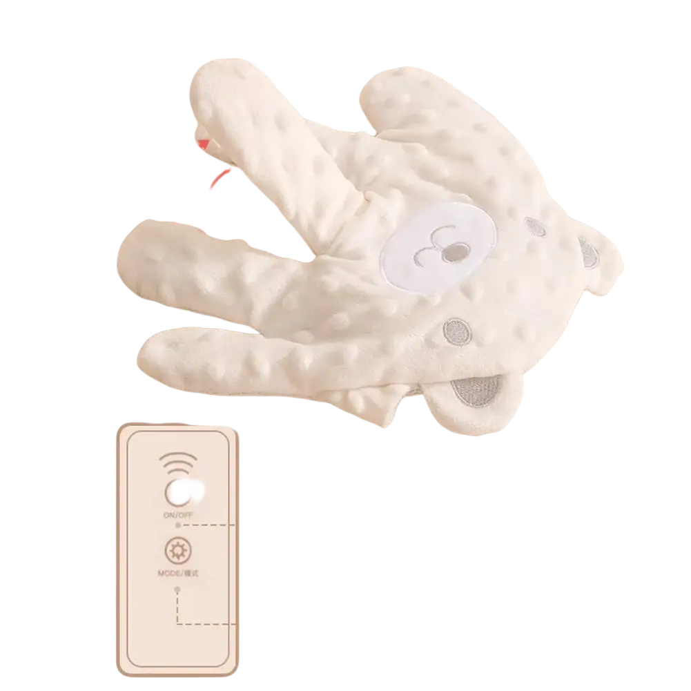 White plush bear-shaped remote control glove with dotted texture and embroidered face for baby sleep aid soothing palm pillow