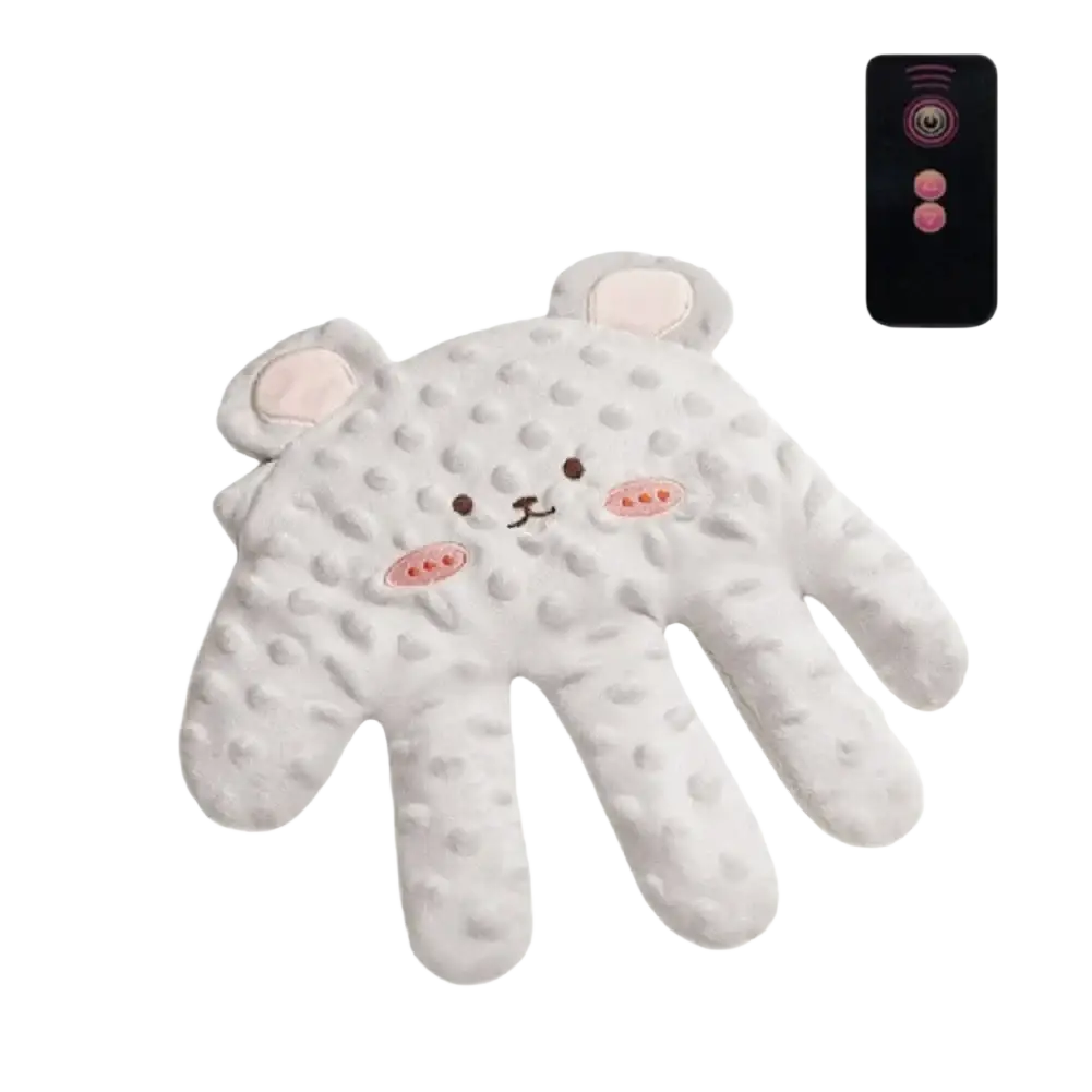 White plush bear-shaped hand warmer with embroidered face and textured surface for baby sleep aid soothing palm pillow