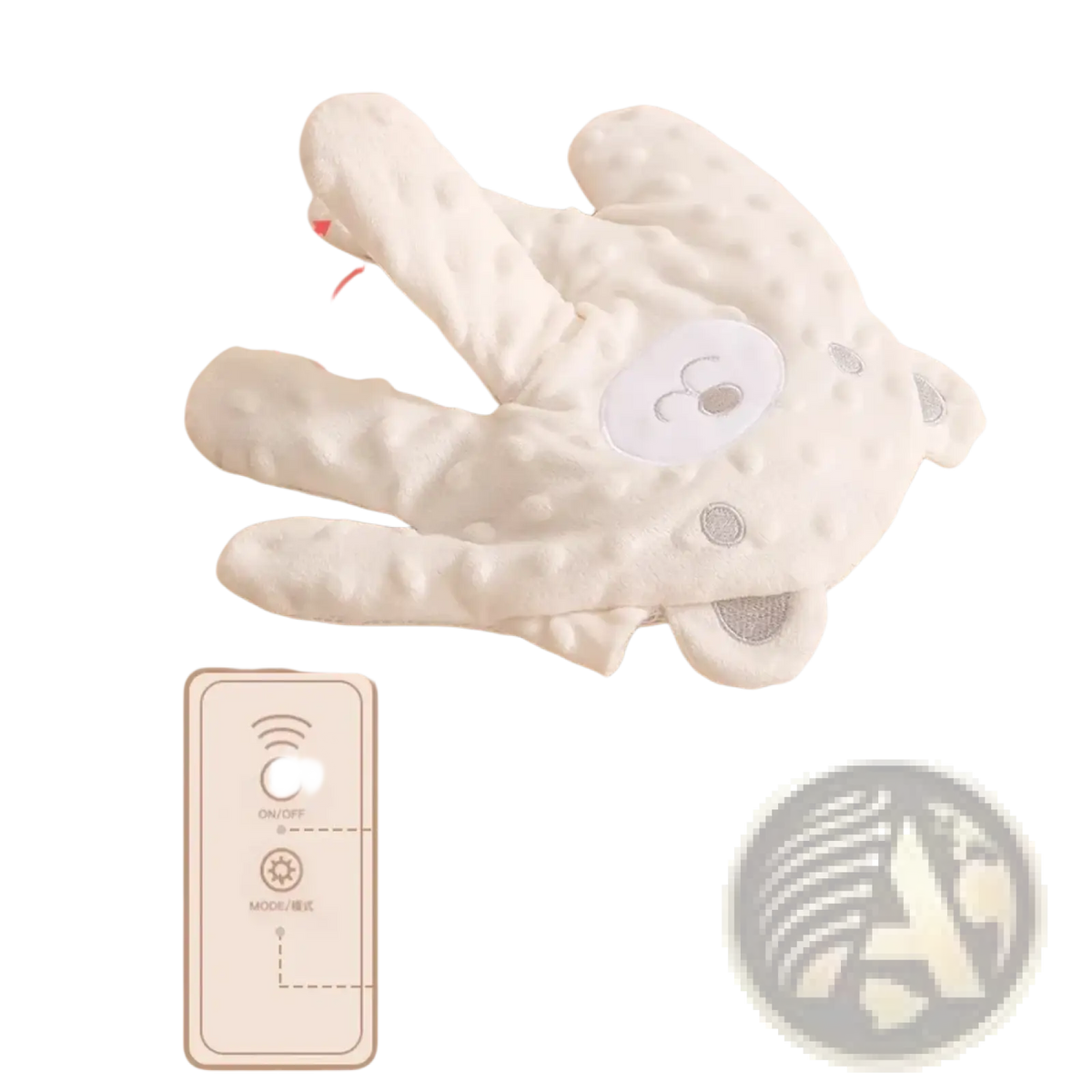 White plush bear-shaped remote control glove with dotted texture and embroidered face for baby sleep aid soothing palm pillow