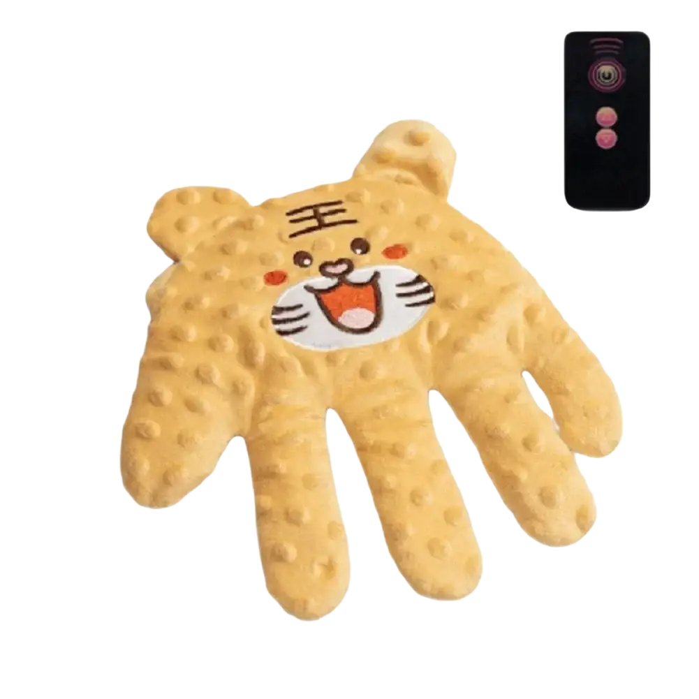 Yellow tiger-themed heated hand massage glove with embroidered face and textured surface for baby sleep aid soothing palm pillow