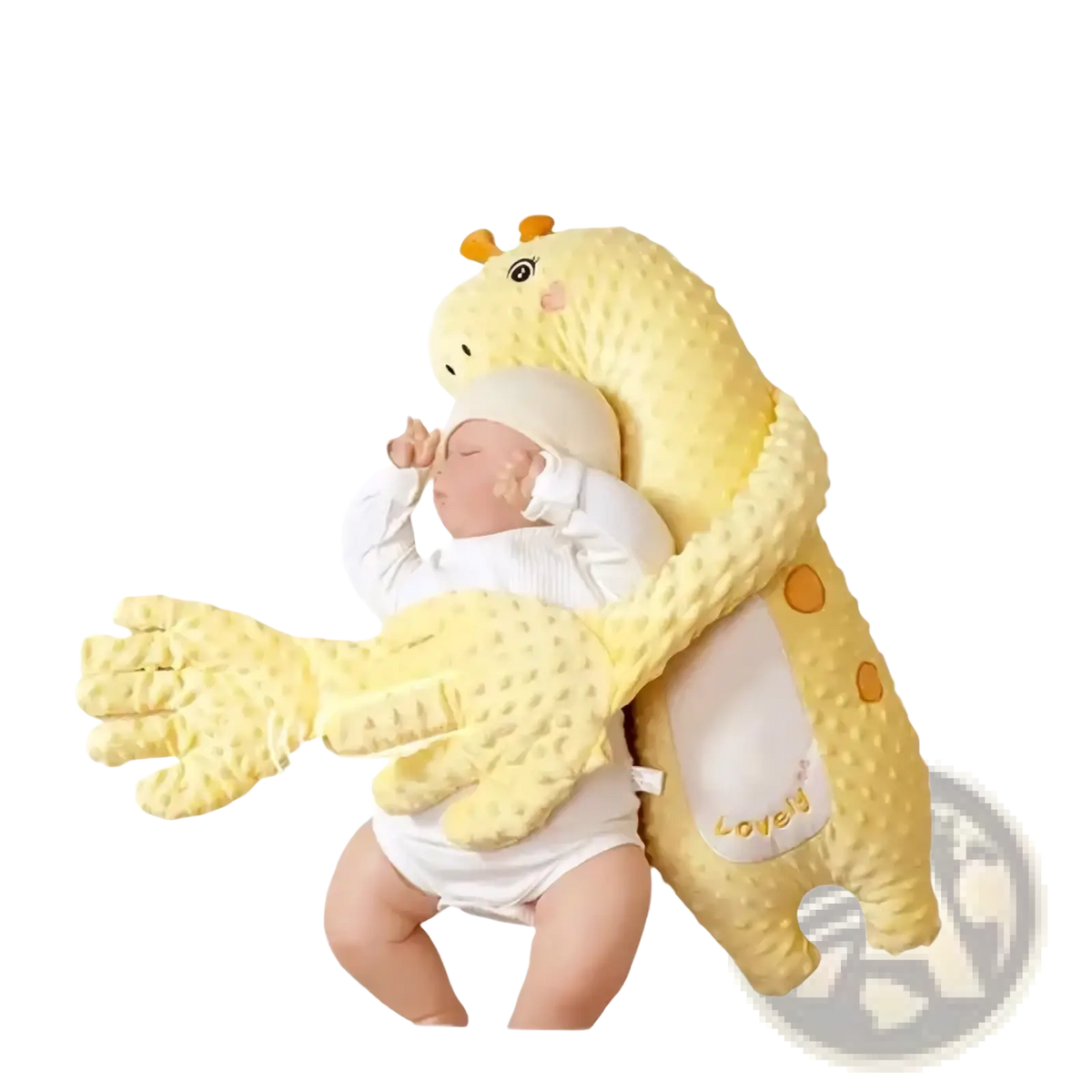 Yellow giraffe-shaped baby sleep aid plush hand doll with textured fabric and orange spots for soothing comfort