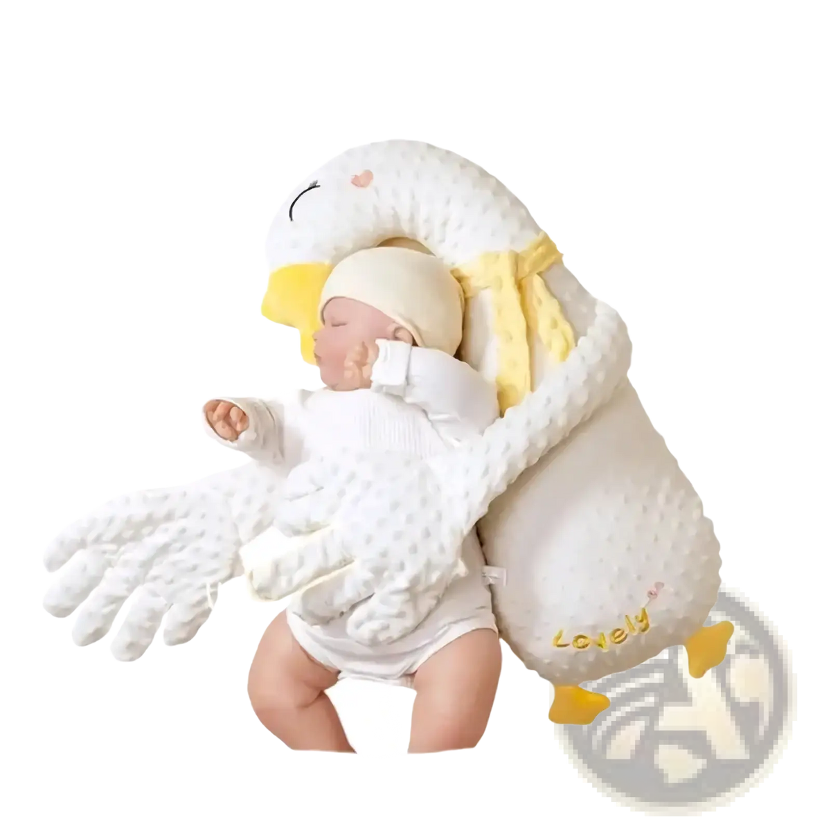 White plush swan-shaped baby sleep aid with yellow beak feet and bow soothing hand doll for infants