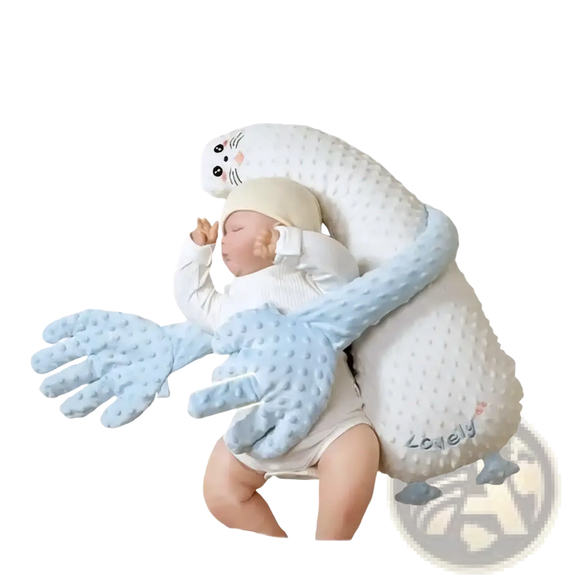 Baby sleep aid soothing plush hand doll in white and light blue with dotted fabric and cat face headrest