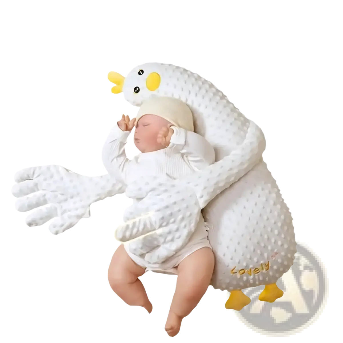 White plush duck-shaped baby sleep aid with yellow beak feet and eyes designed as a soothing hand doll
