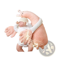 Pink textured plush bunny-shaped baby comforter with white trim and embroidered musical notes for sleep aid