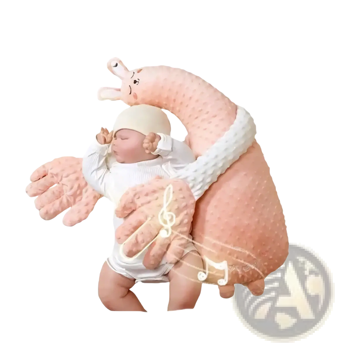 Pink textured plush bunny-shaped baby comforter with white trim and embroidered musical notes for sleep aid