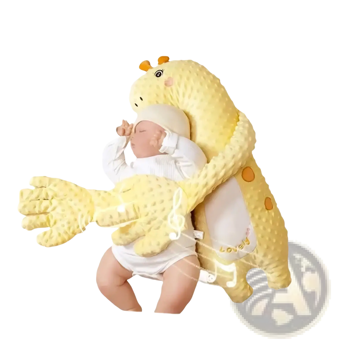 Yellow giraffe-shaped baby sleep aid soothing plush hand doll with textured fabric and orange spots