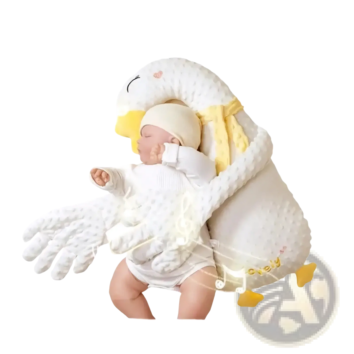 White plush swan-shaped baby sleep aid with yellow beak and feet featuring textured soft fabric design