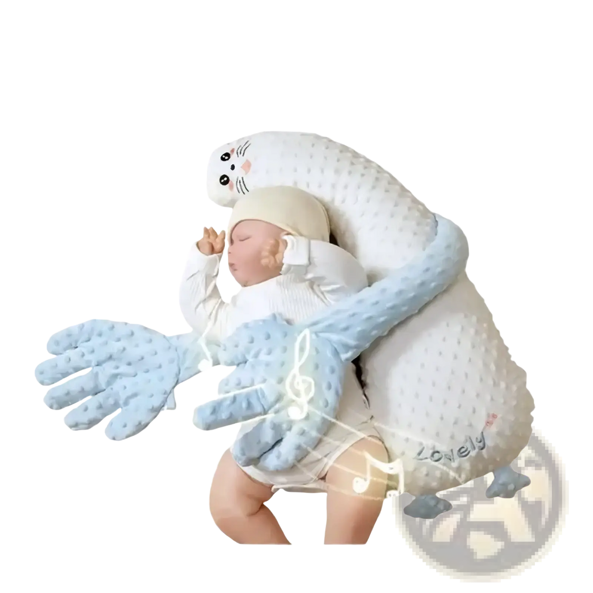 Baby sleep aid soothing plush hand doll shaped like a white and light blue cuddly seal with embroidered face and textured fabric