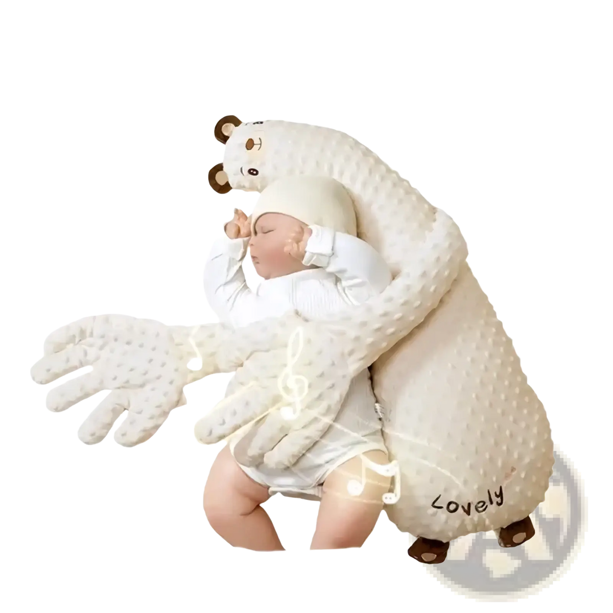 Cream-colored textured plush bear-shaped baby sleep aid with embroidered face and lovely embroidery on side