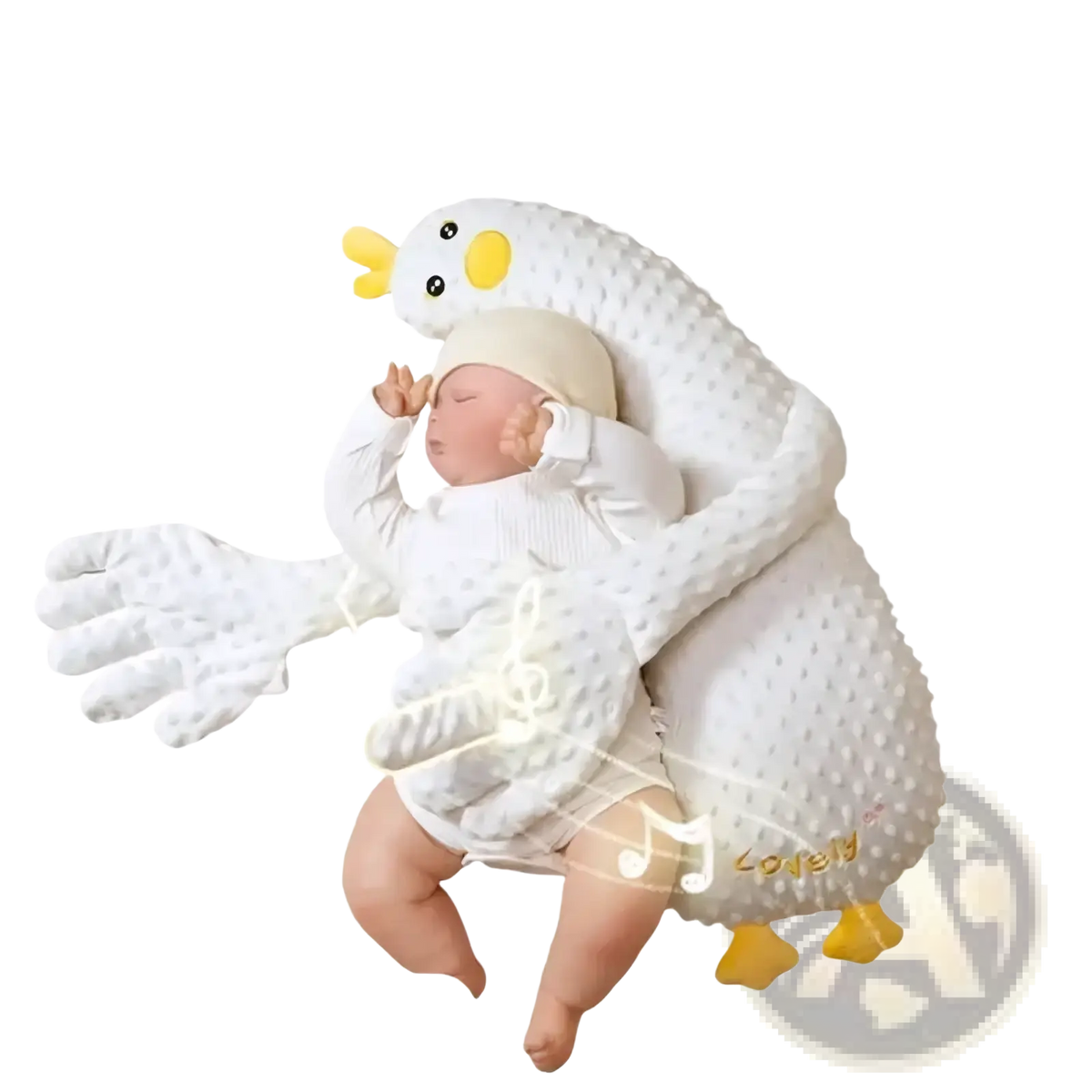 White plush duck-shaped baby sleep aid with yellow beak and feet textured surface for soothing comfort