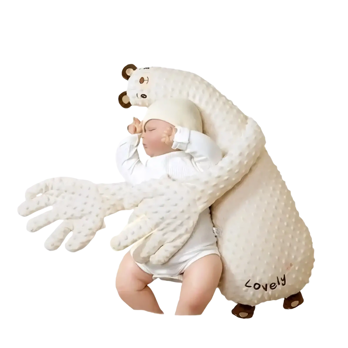 Cream-colored textured plush bear-shaped baby sleep aid with embroidered face and lovely embroidery on side