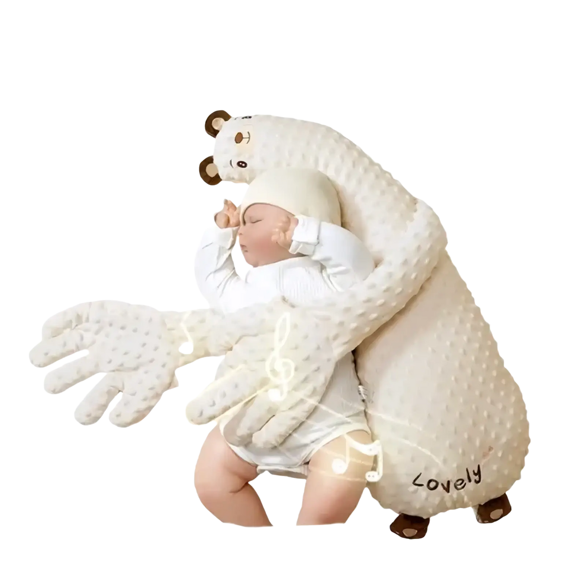Cream-colored textured plush bear-shaped baby sleep aid with embroidered face and lovely embroidery on side