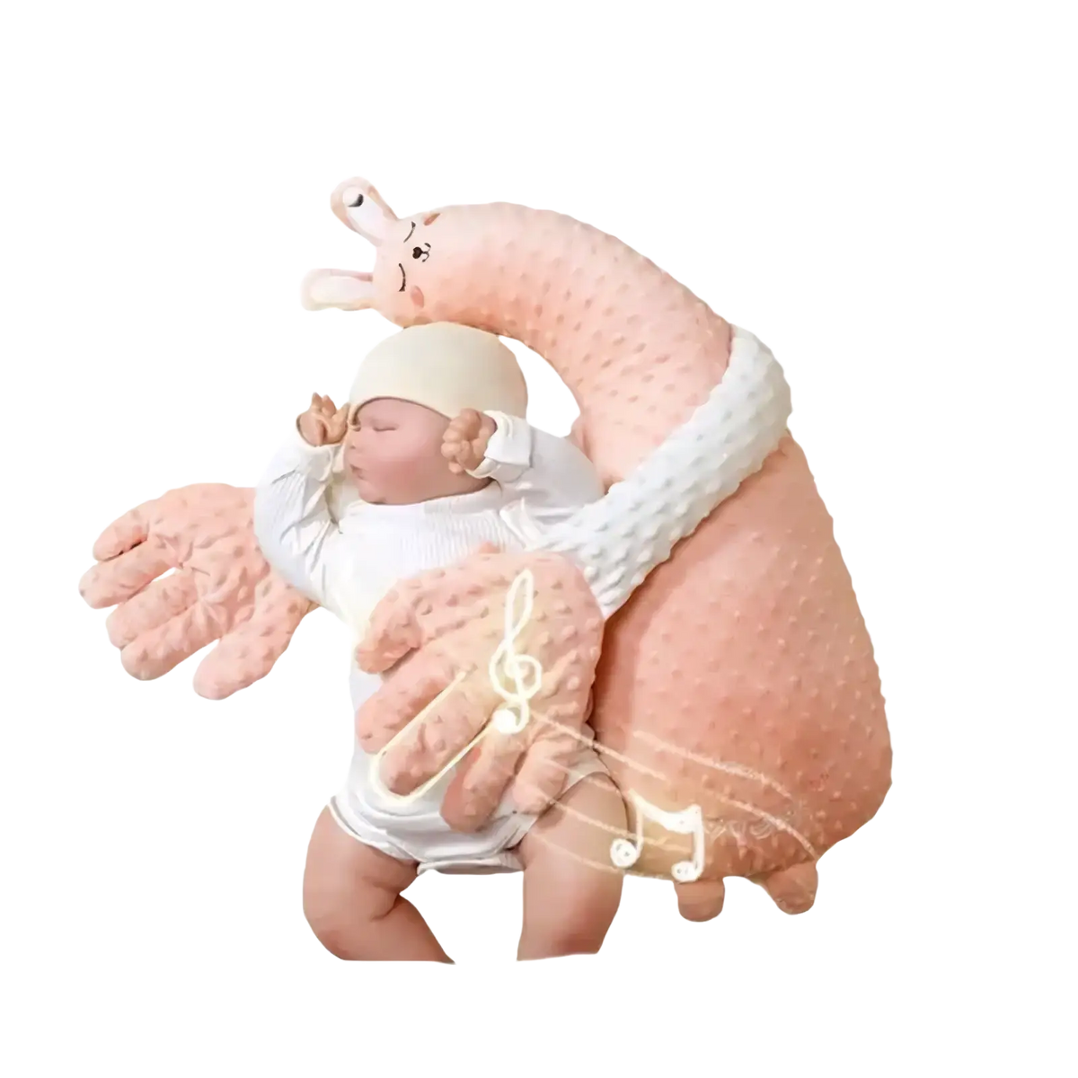 Pink textured plush bunny-shaped baby comforter with white trim and embroidered musical notes for sleep aid