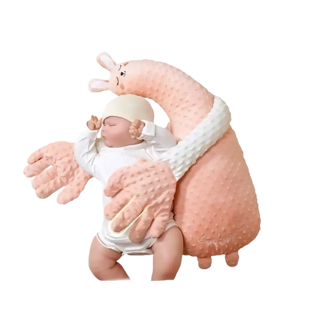 Pink textured plush bunny-shaped baby comforter with soft dotted fabric and cute face for baby sleep aid soothing hand doll