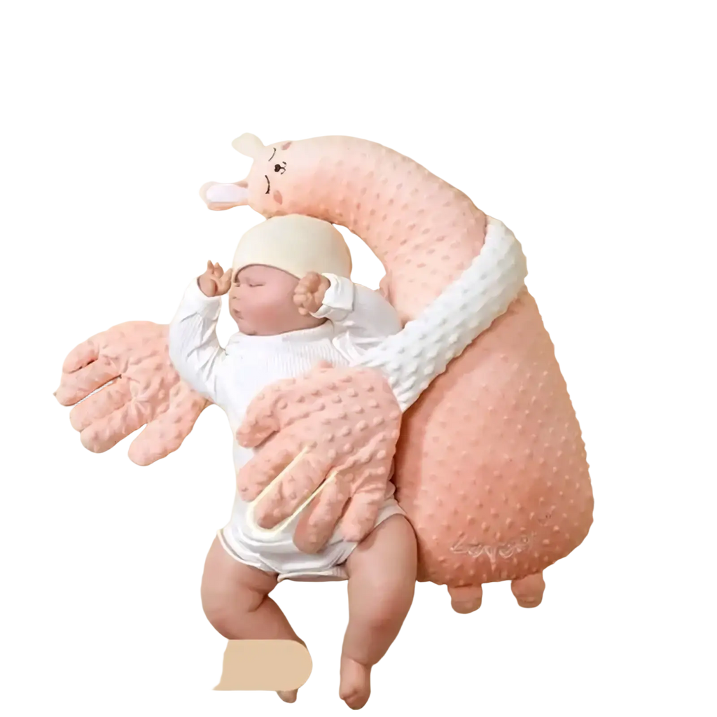 Pink textured plush dinosaur baby sleep aid hand doll with white accents and red bean hot pack attachment