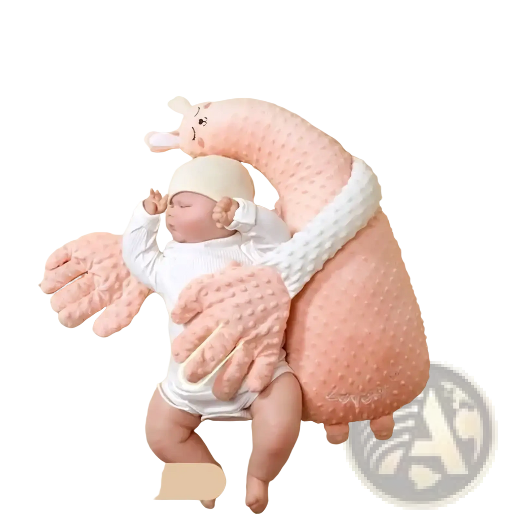 Pink textured plush dinosaur baby sleep aid hand doll with white accents and red bean hot pack attachment