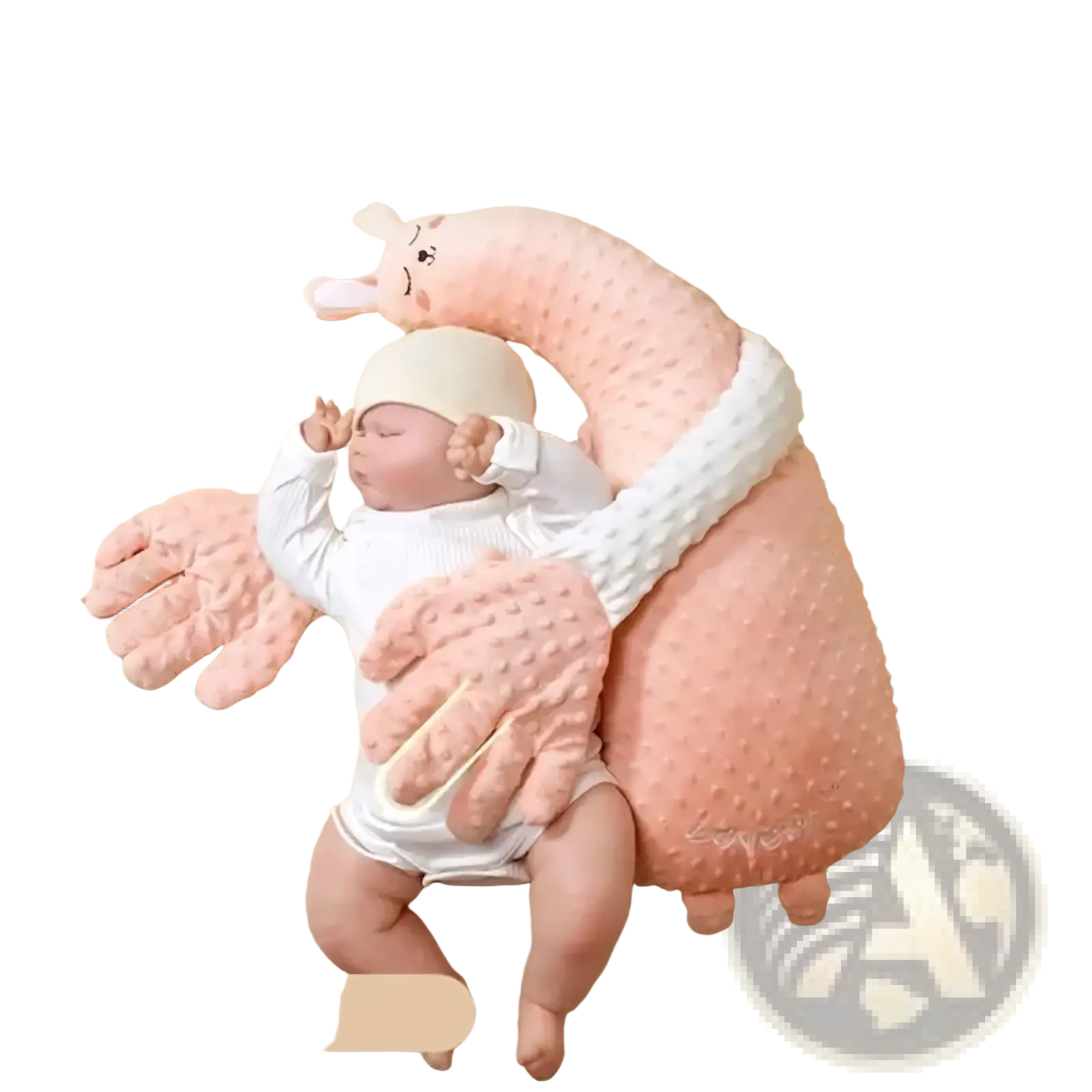 Pink textured plush dinosaur baby sleep aid hand doll with white accents and red bean hot pack attachment