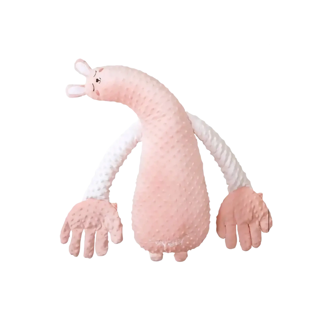 A soft pink baby sleep aid soothing plush hand doll with a long textured body and white knitted arms and hands