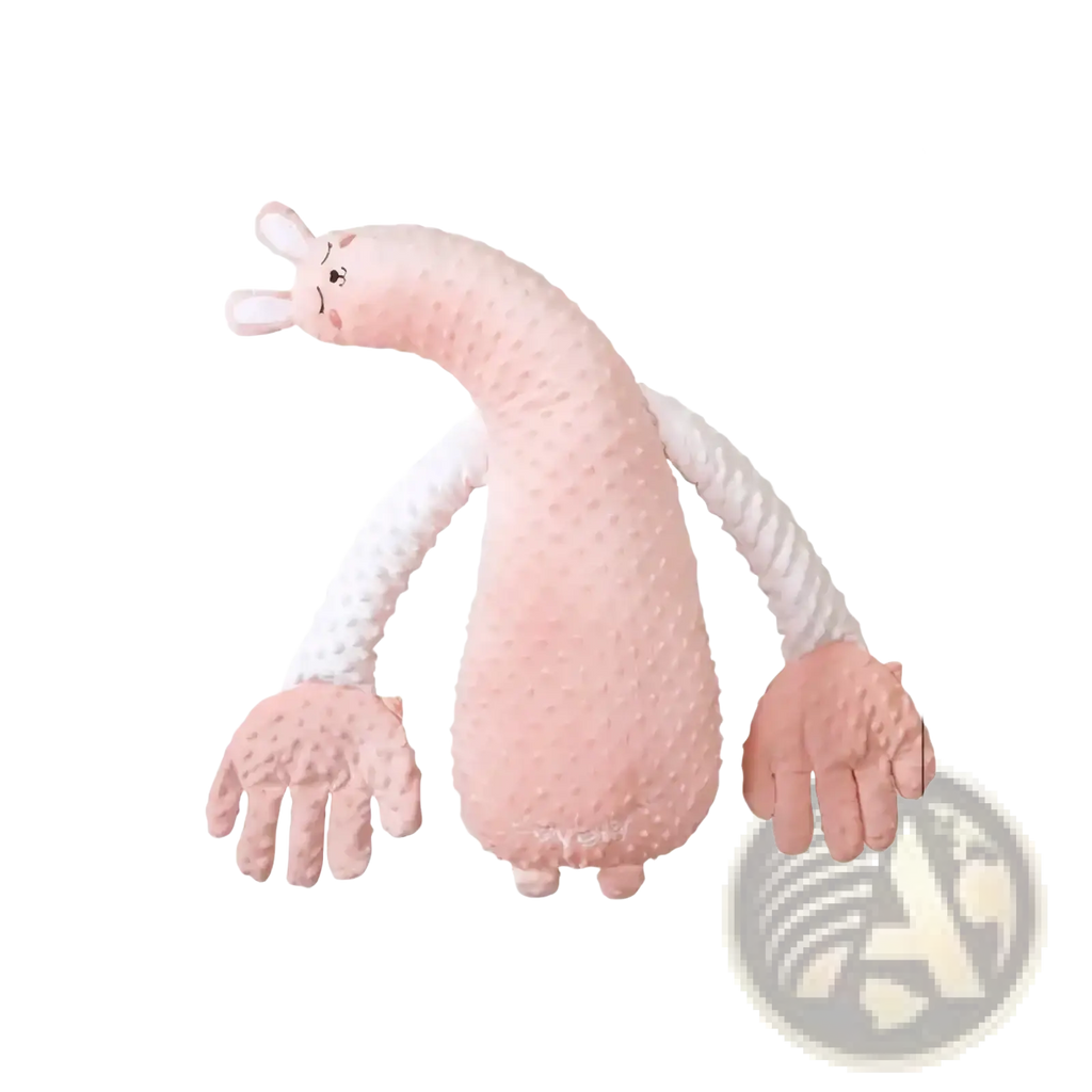 A soft pink baby sleep aid soothing plush hand doll with a long textured body and white knitted arms and hands