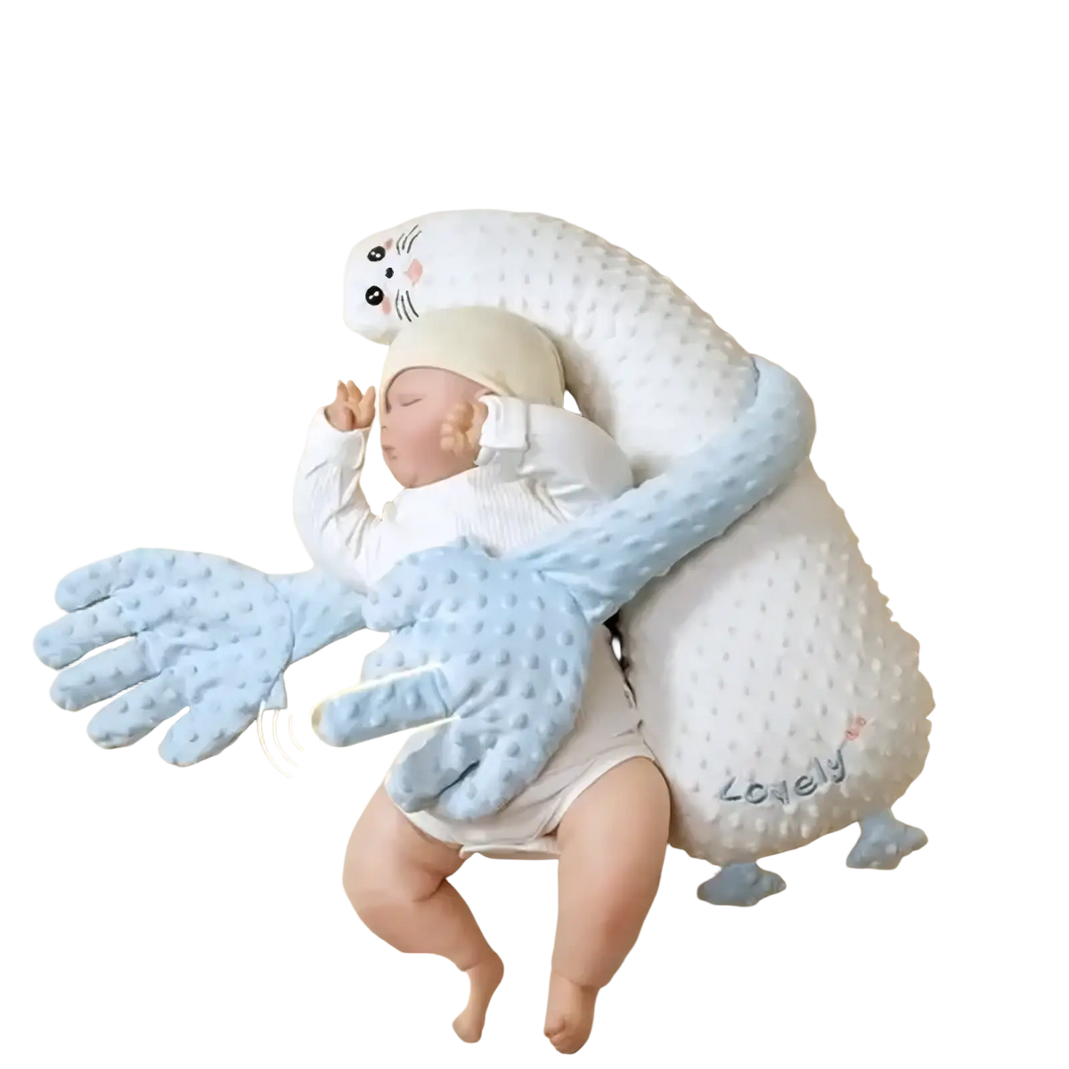 Soft white and light blue plush baby sleep aid with seal design and integrated red bean hot pack functionality