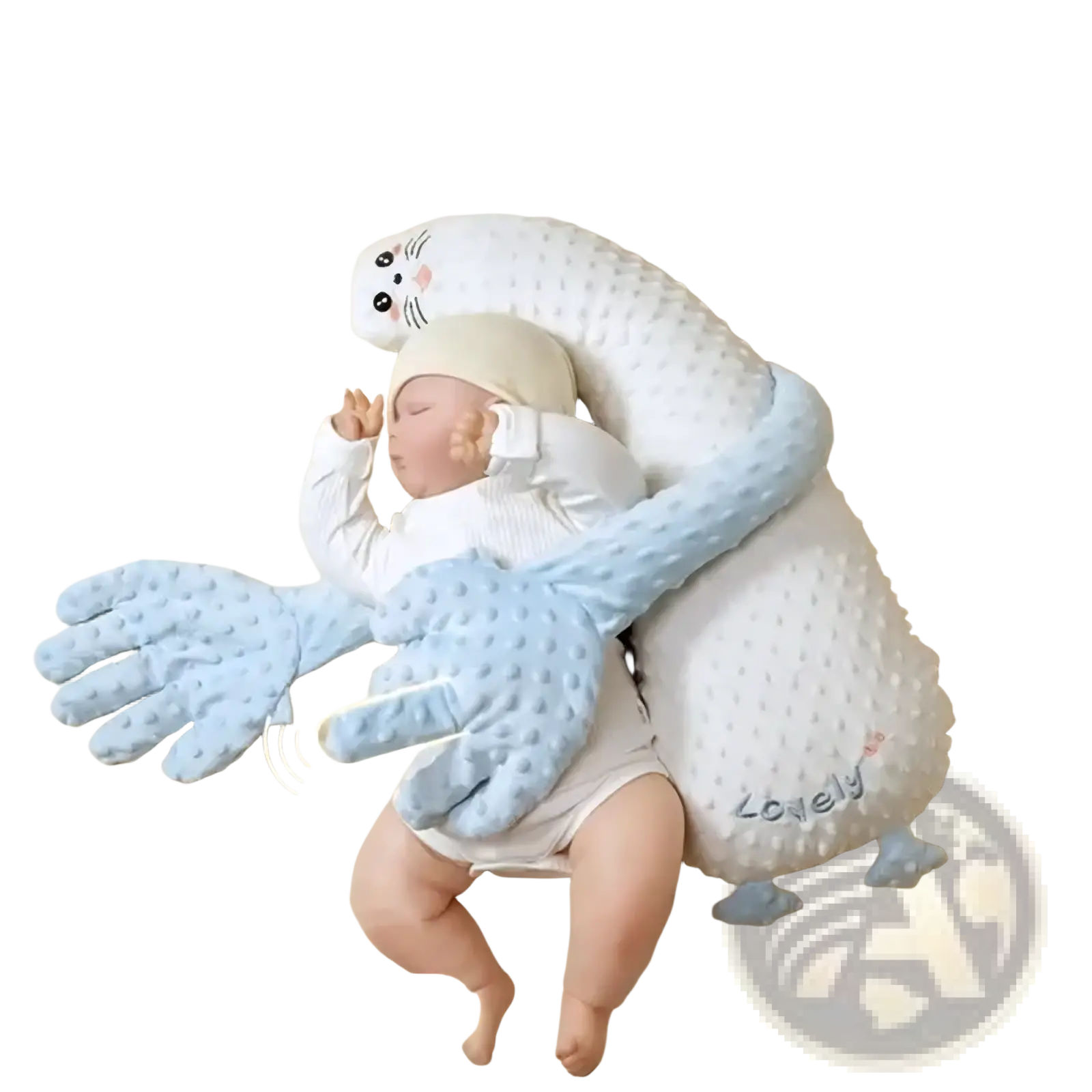 Soft white and light blue plush baby sleep aid with seal design and integrated red bean hot pack functionality