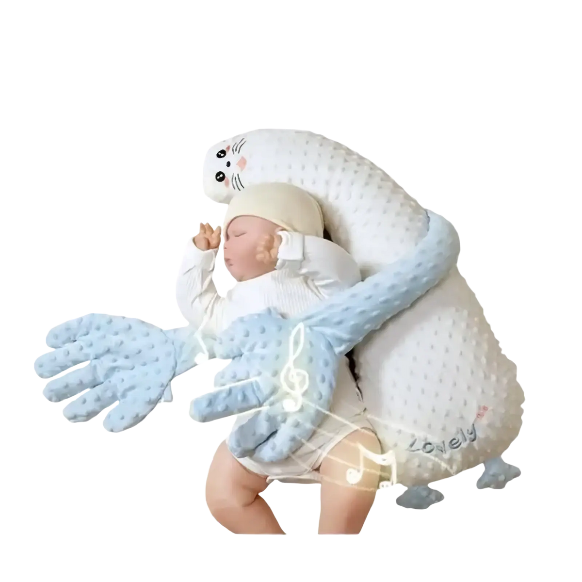 Baby sleep aid soothing plush hand doll shaped like a white and light blue cuddly seal with embroidered face and textured fabric