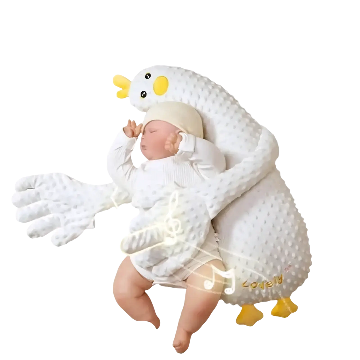 White plush duck-shaped baby sleep aid with yellow beak and feet textured surface for soothing comfort