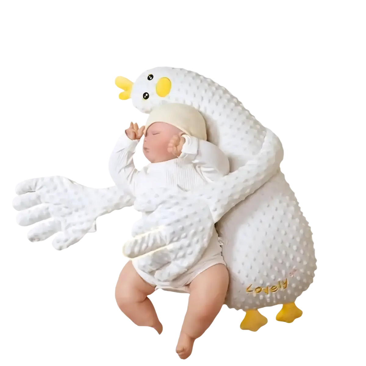 White plush duck-shaped baby sleep aid with yellow beak feet and eyes designed as a soothing hand doll