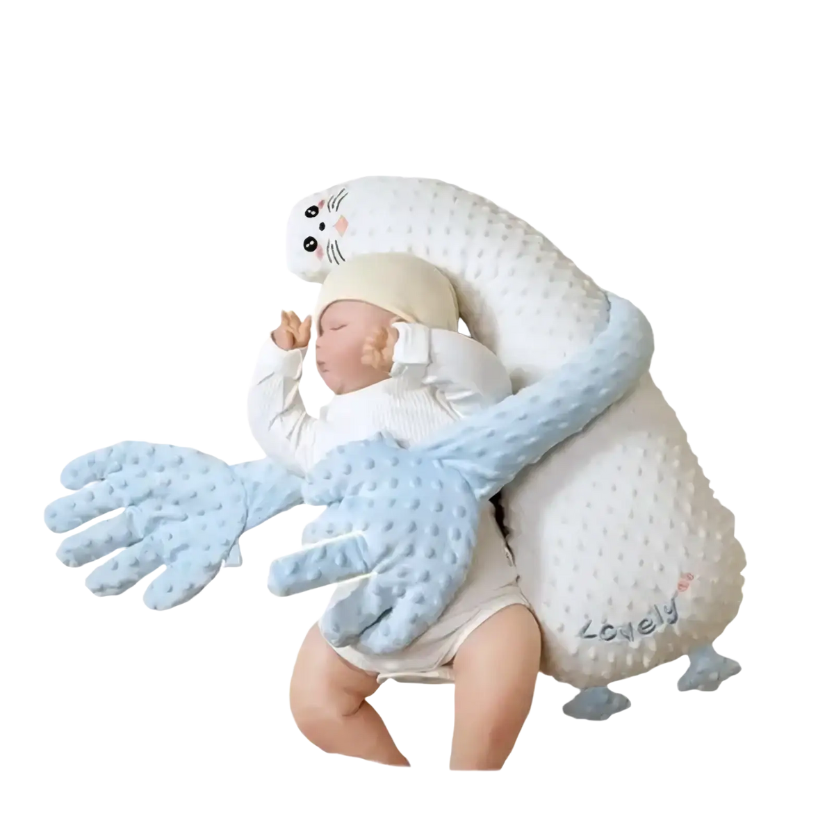 Baby sleep aid soothing plush hand doll in white and light blue with dotted fabric and cat face headrest