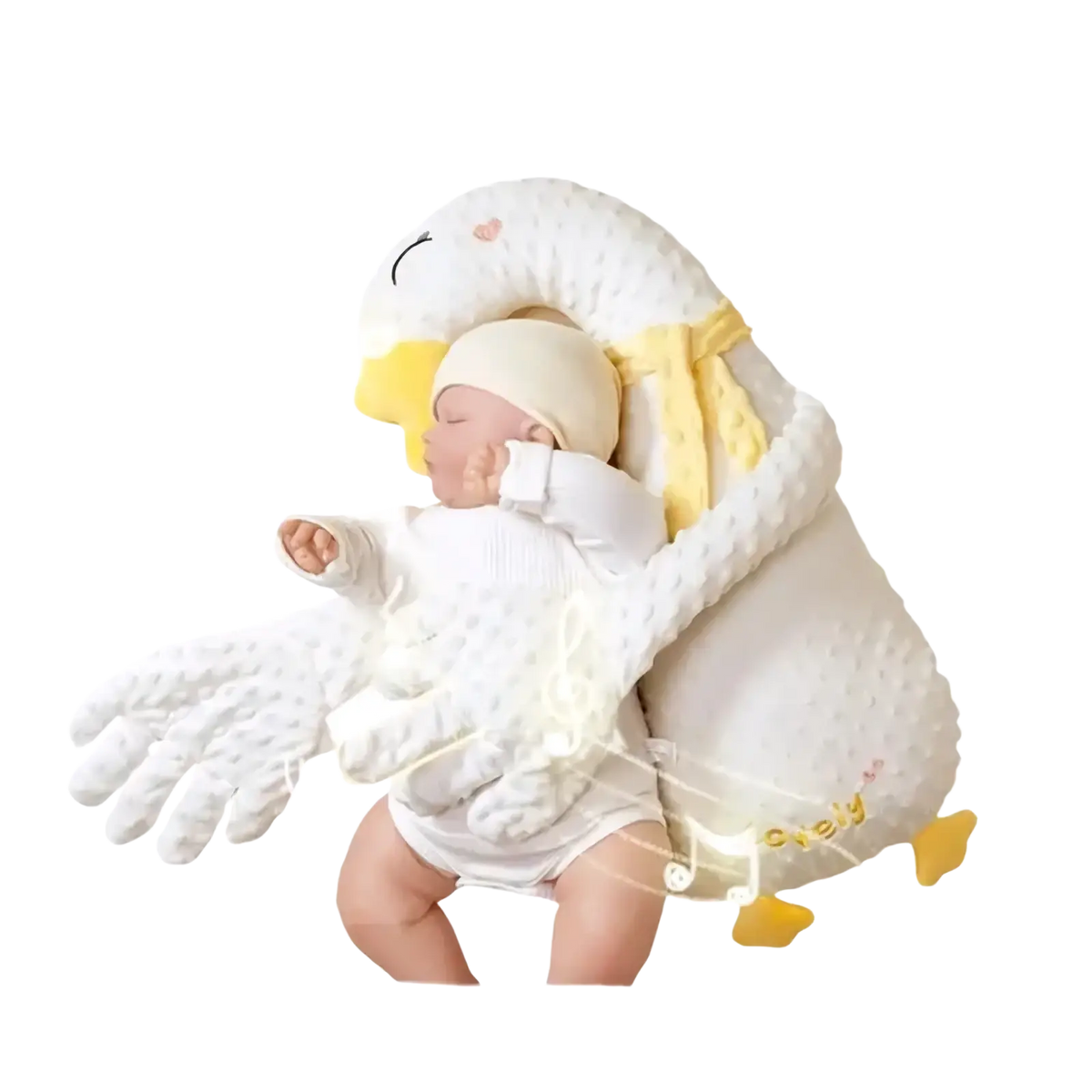 White plush swan-shaped baby sleep aid with yellow beak and feet featuring textured soft fabric design